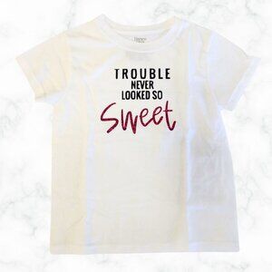 “Sweet Mischief” Cursive Glitter T-Shirt – Youth Small (White)